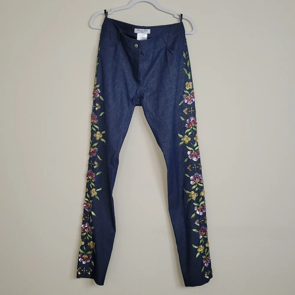 2002 Christian Dior VTG Blue Metallic Denim Pants w/Floral Embellishments - sz 8 - Picture 2 of 14